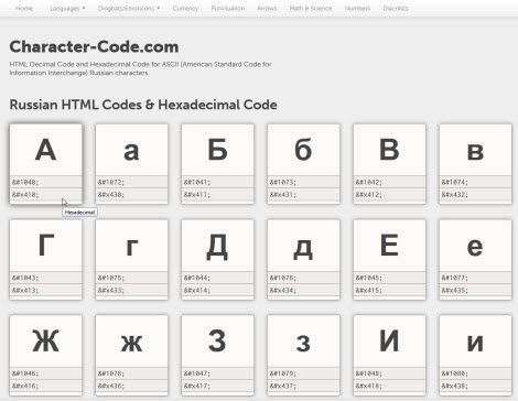 Онлайн таблица кодов символов